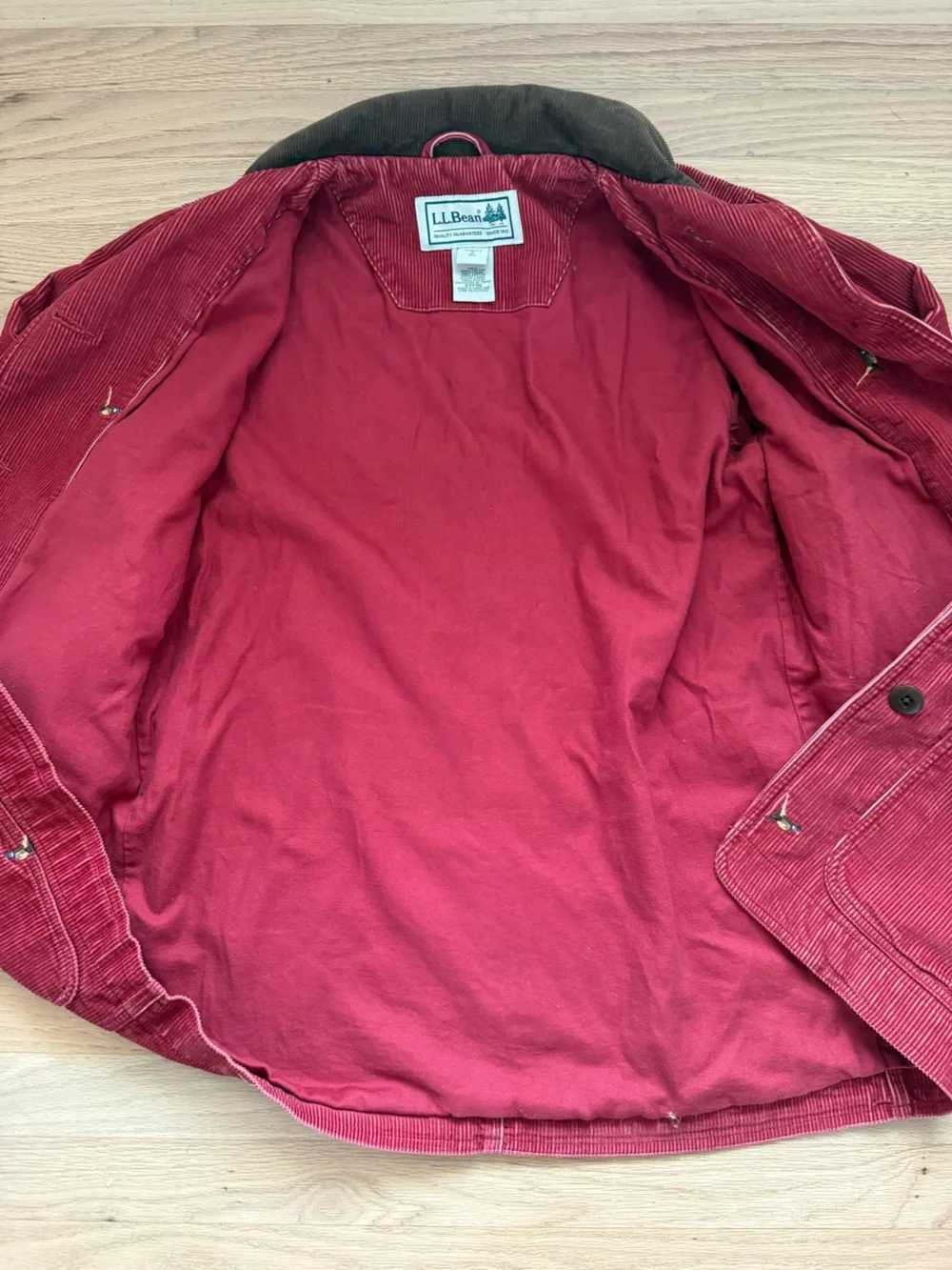 LL Bean Women’s Small Red Corduroy Chore Coat W/ Embroidered Quail Bird Detail - Picture 5 of 6